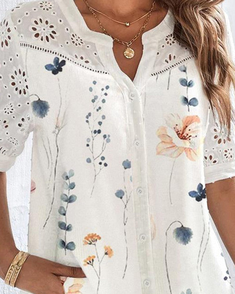 Floral Print Notch Neck Eyelet Embroidery Top