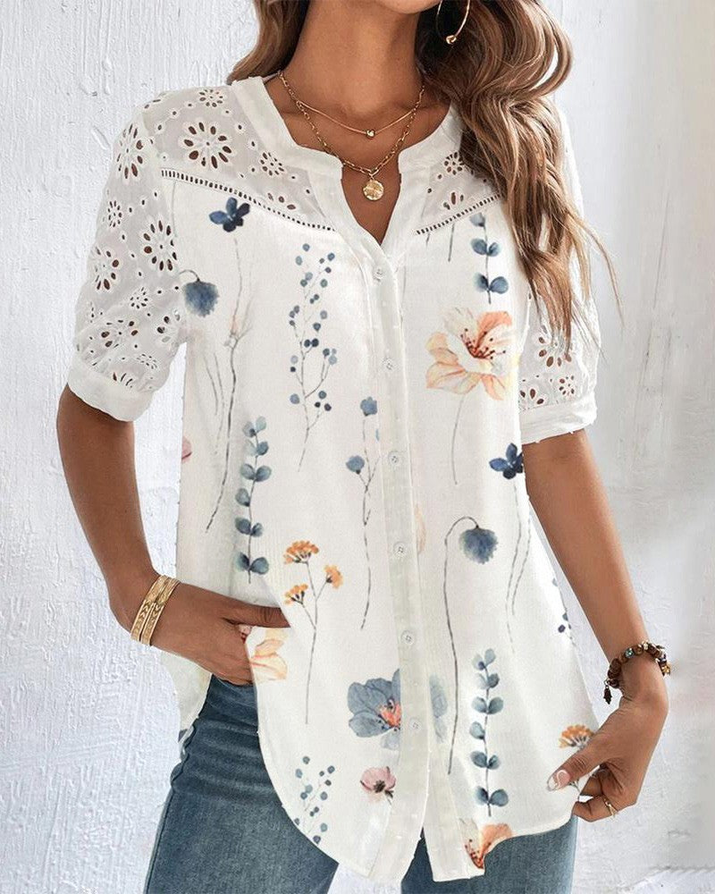 Floral Print Notch Neck Eyelet Embroidery Top