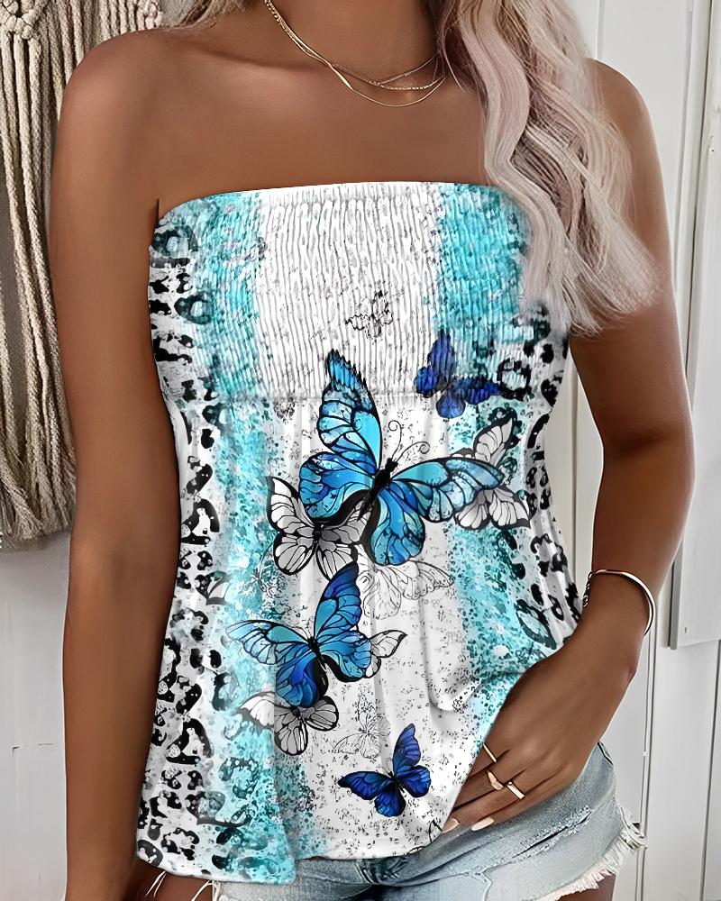 Butterfly Contrast Leopard Print Shirred Tank Top