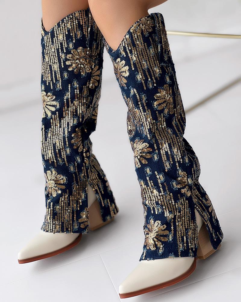 Sequin Floral Pattern Slit Chunky Heel Denim Boots