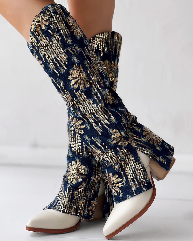 Sequin Floral Pattern Slit Chunky Heel Denim Boots