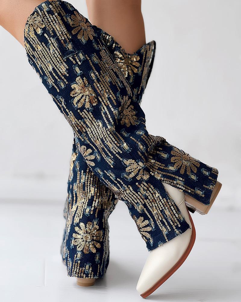 Sequin Floral Pattern Slit Chunky Heel Denim Boots