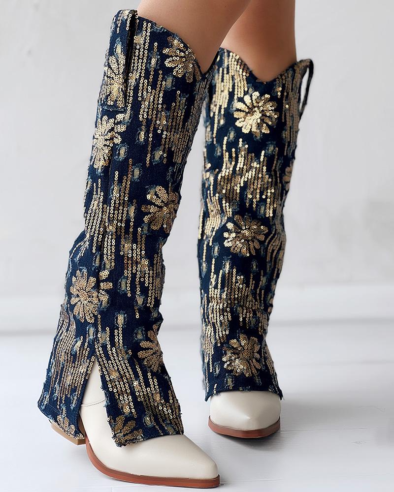 Sequin Floral Pattern Slit Chunky Heel Denim Boots