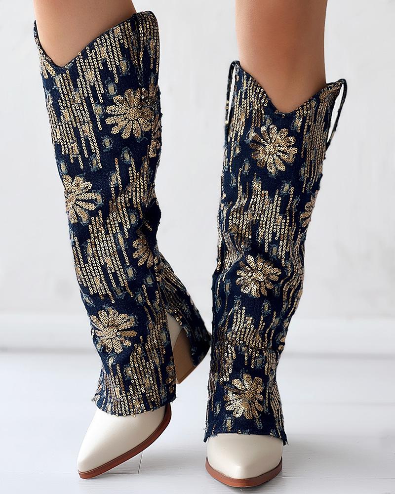 Sequin Floral Pattern Slit Chunky Heel Denim Boots