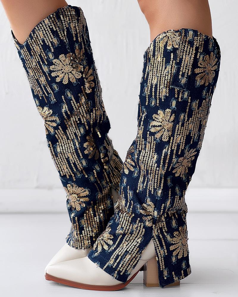 Sequin Floral Pattern Slit Chunky Heel Denim Boots