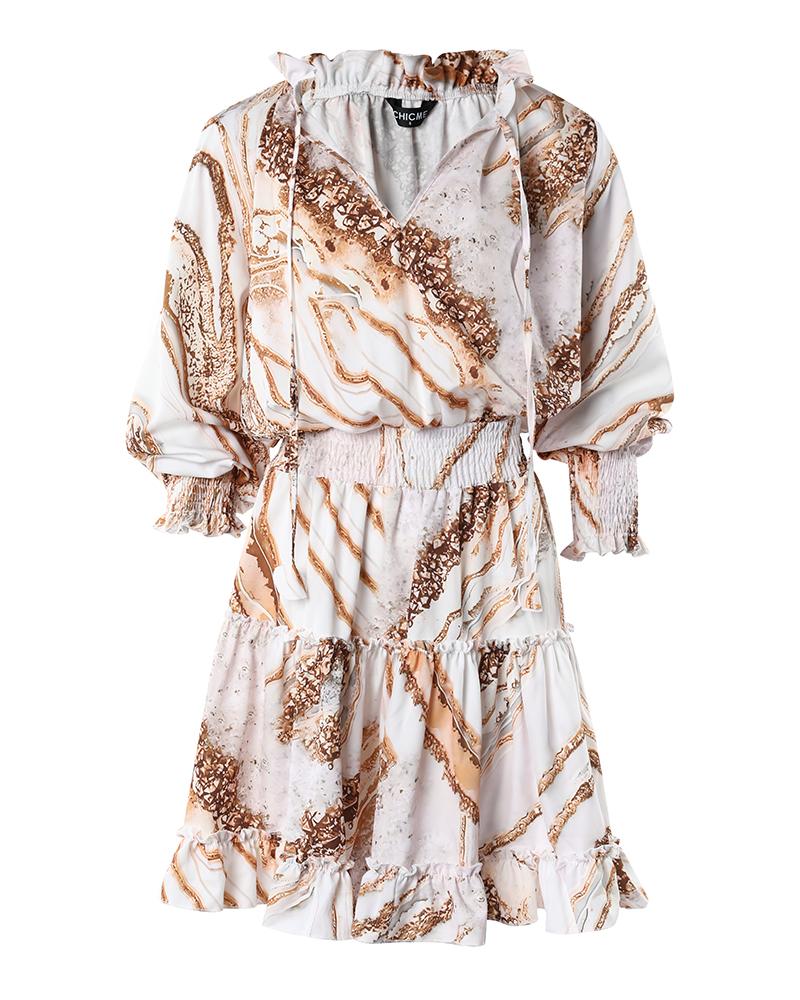 Marble Print Ruffle Hem Shirred Casual Dress