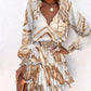Marble Print Ruffle Hem Shirred Casual Dress