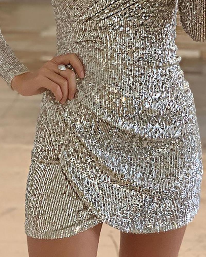 V Neck Ruched Allover Sequins Dress