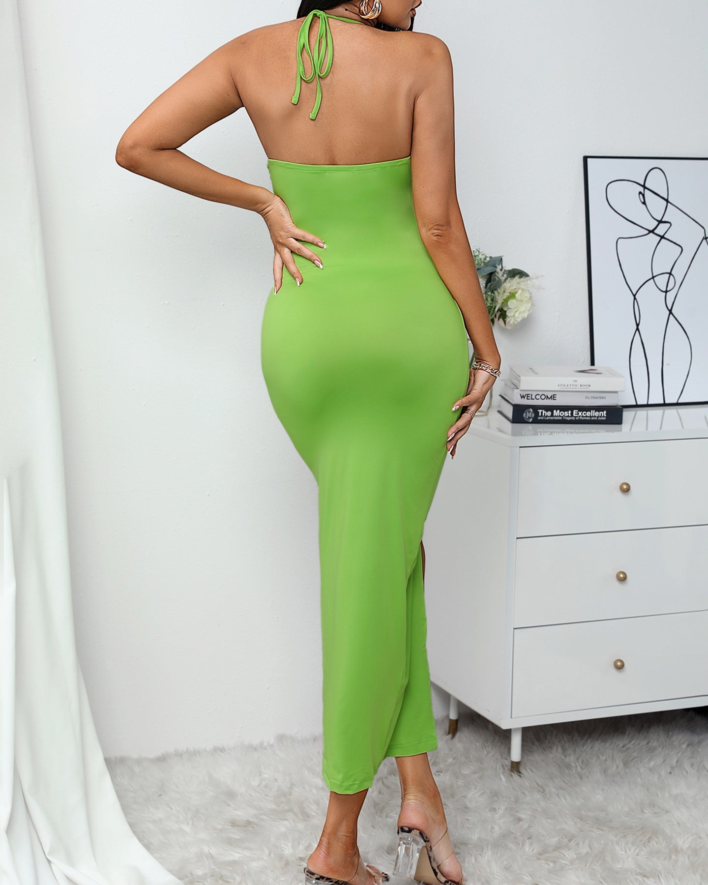 Drawstring Ruched High Slit Midi Dress