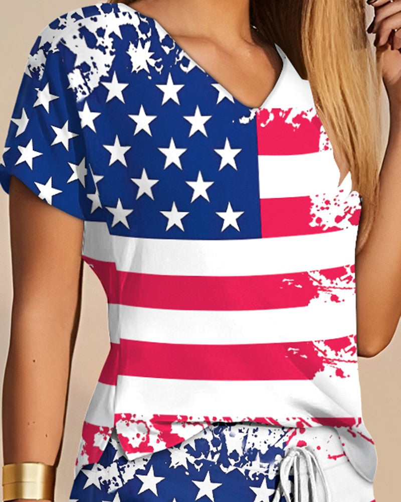 Independence Day Flag Print Top & Drawstring Shorts Set