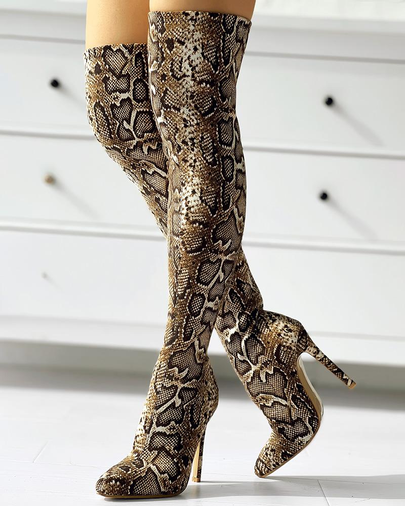 Snakeskin Print Thin Heeled Thigh High Boots