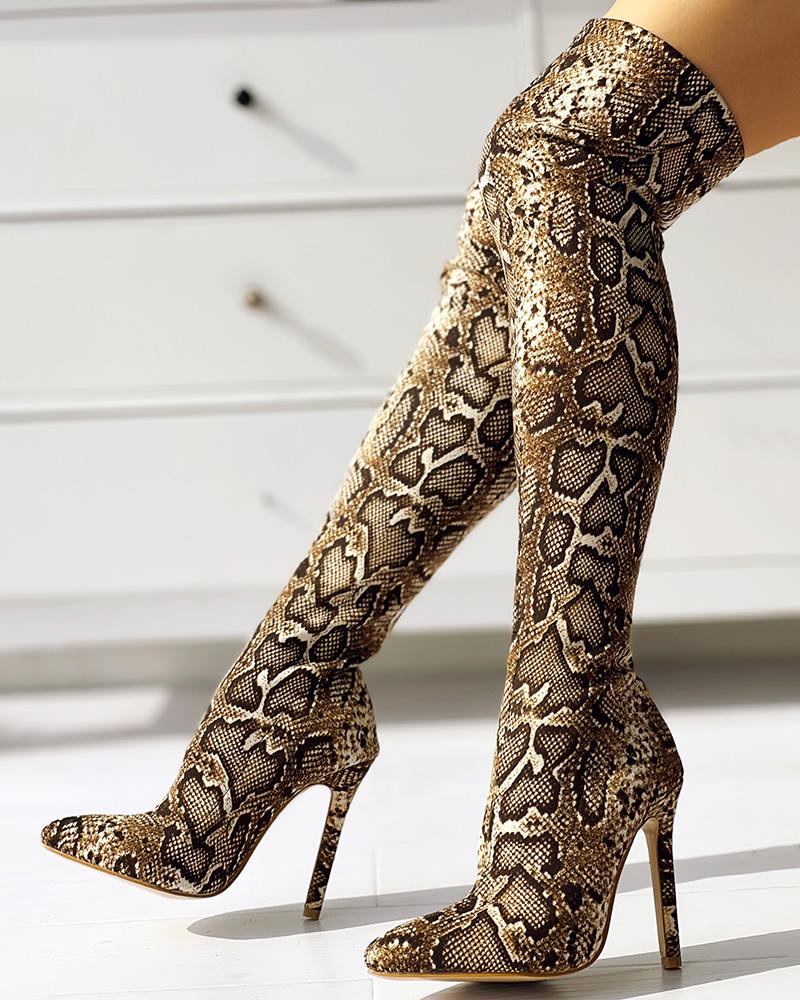 Snakeskin Print Thin Heeled Thigh High Boots