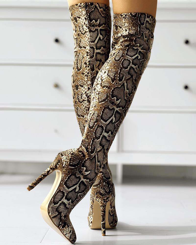 Snakeskin Print Thin Heeled Thigh High Boots