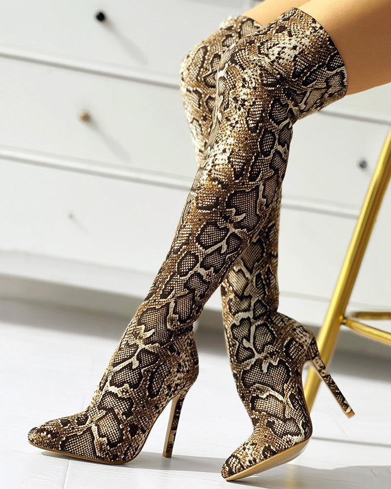 Snakeskin Print Thin Heeled Thigh High Boots