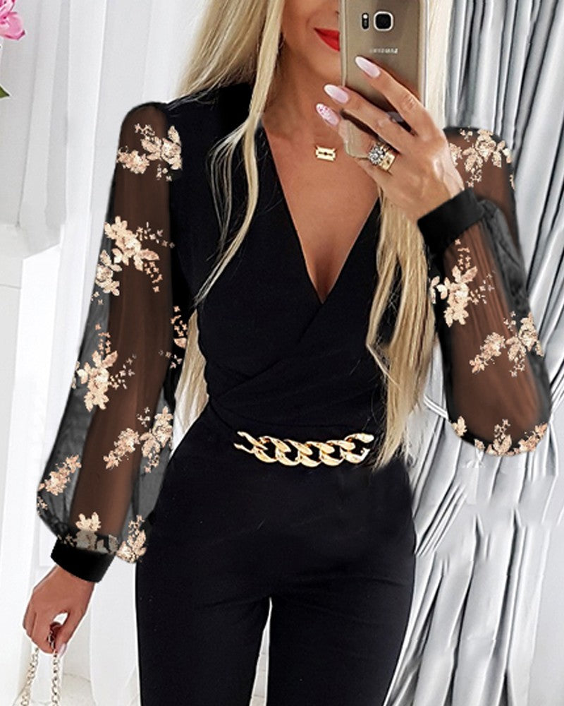 Floral Sequin Sheer Mesh Patch Chain Decor Jumpsuit