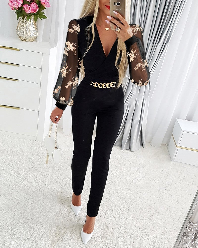 Floral Sequin Sheer Mesh Patch Chain Decor Jumpsuit