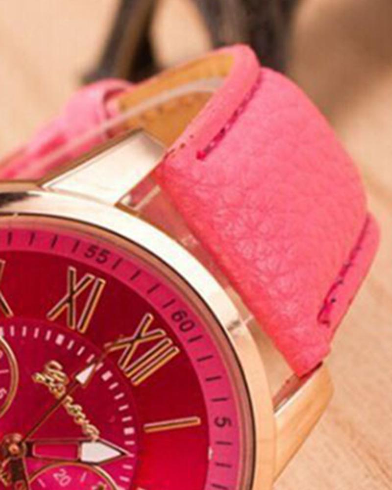 1pc Leather Band Quartz Watch