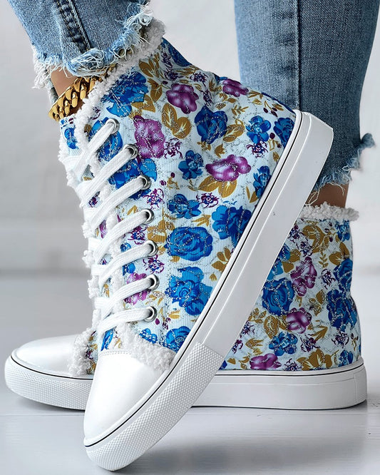 Glitter Floral Print Lace up Lined Ankle Boots