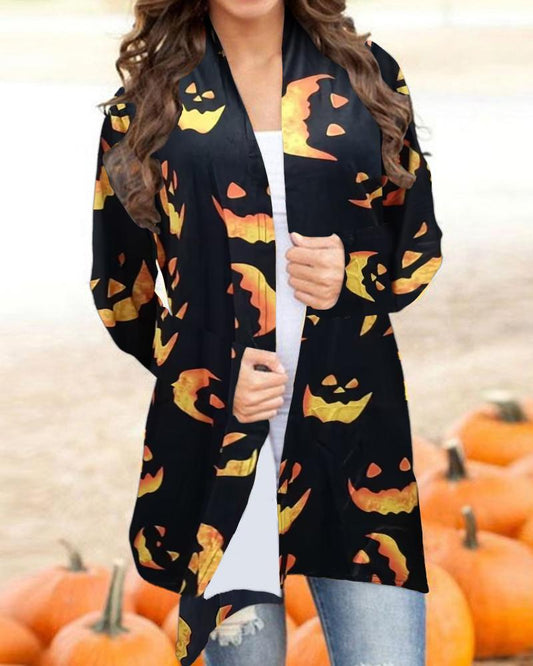 Halloween Scary Face Print Open Front Cardigan