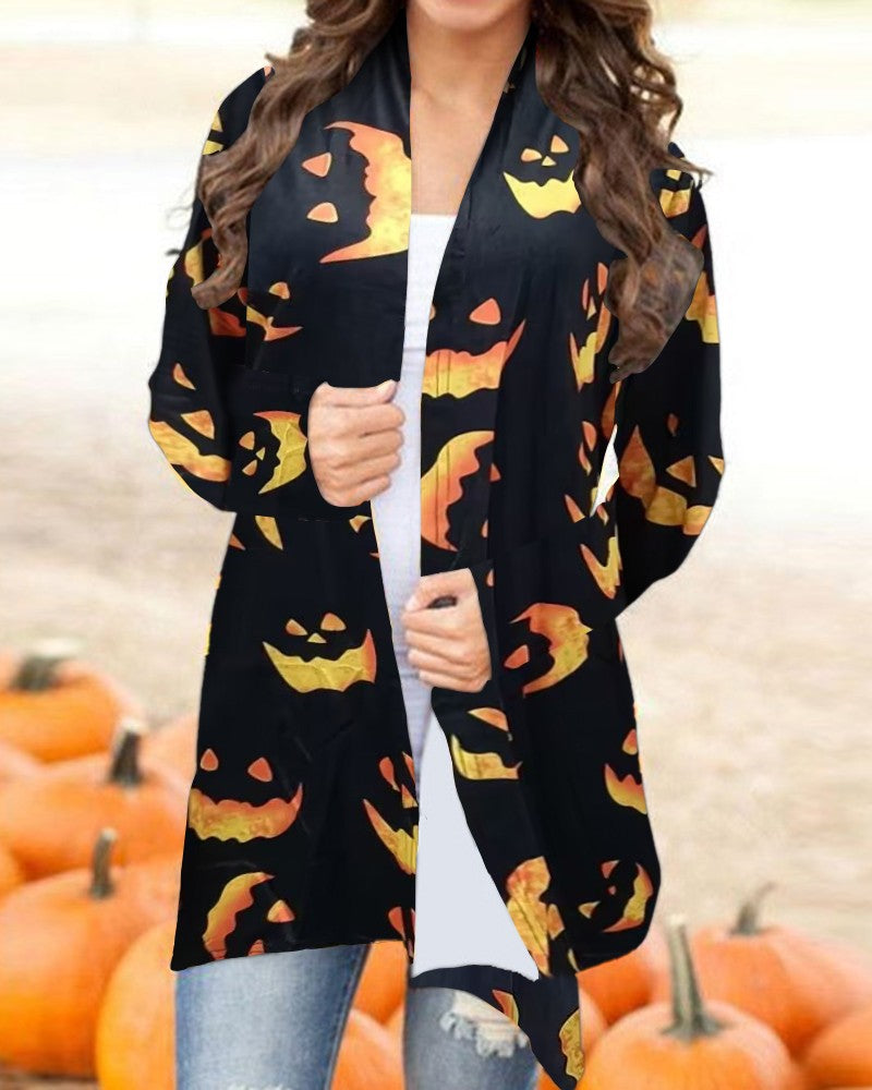 Halloween Scary Face Print Open Front Cardigan