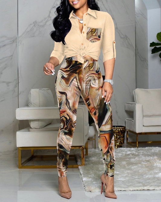 Marble Print Colorblock Roll Up Sleeve Shirt & Pants Set