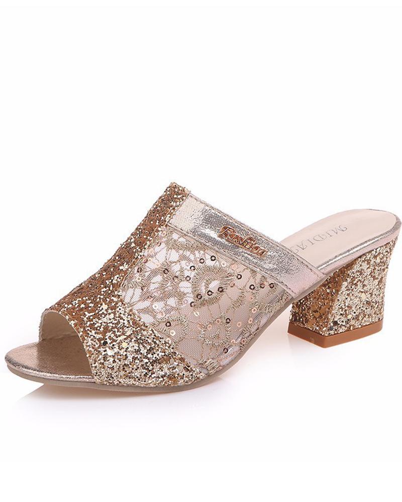 Sheer Mesh Sequins Peep Toe Chunky Sandals