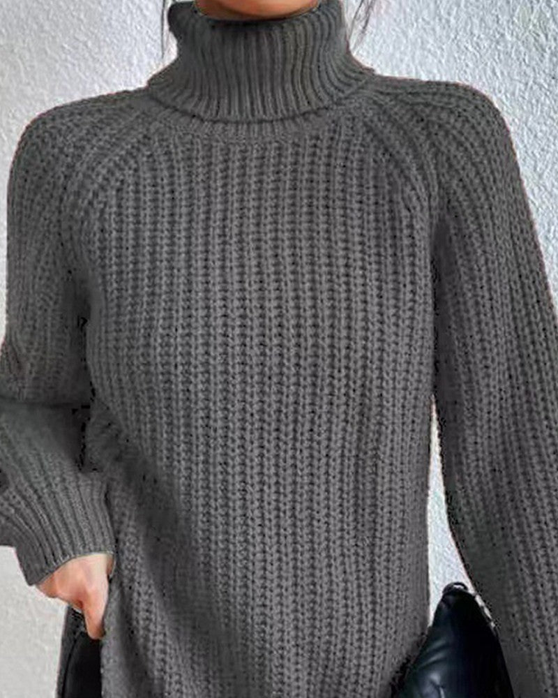 High Neck Long Sleeve Slit Sweater