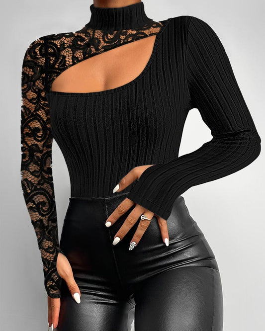 Cutout Lace Patch Mock Neck Ribbed Top