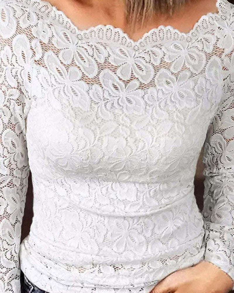 Boat Neck Scallop Trim Lace Top