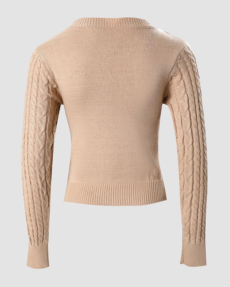 Cutout Front Long Sleeve Cable Knit Sweater