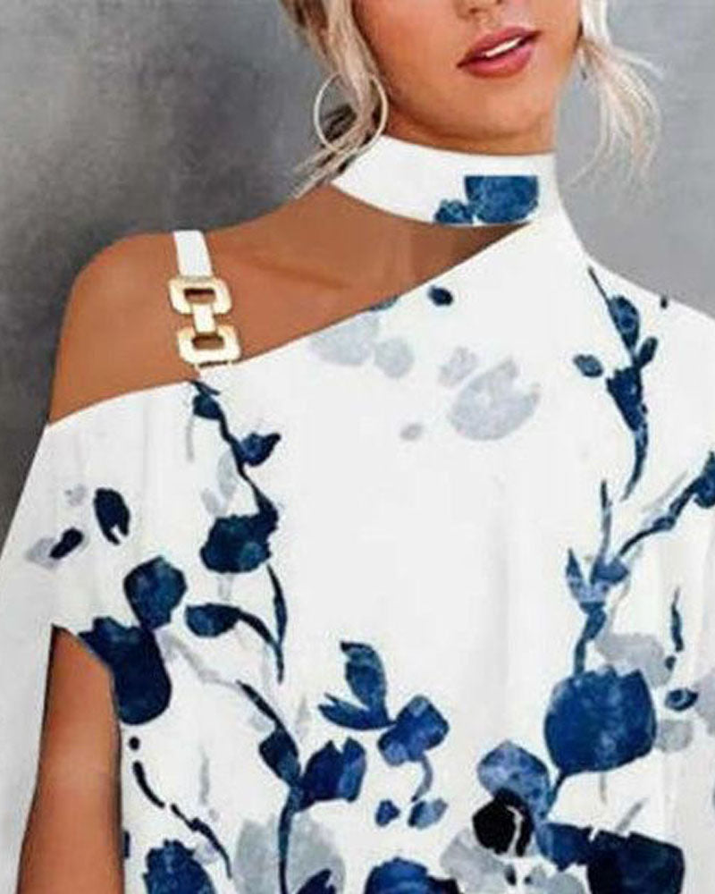 Plants Print Chain Strap Cold Shoulder Top