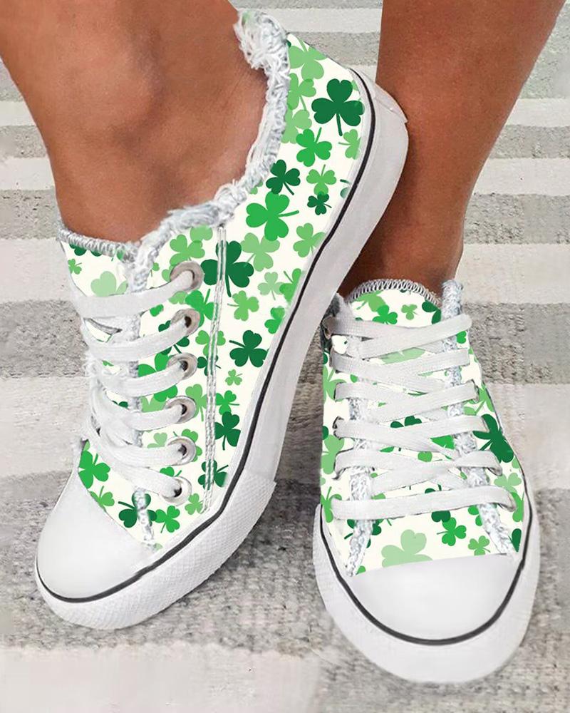 St. Patrick's Day Clover Print Ombre Fringe Hem Sneakers