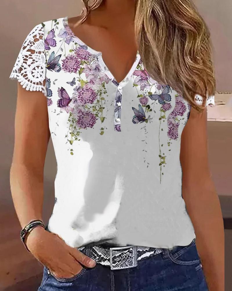 Floral Butterfly Print Notch Neck Lace Patch Top