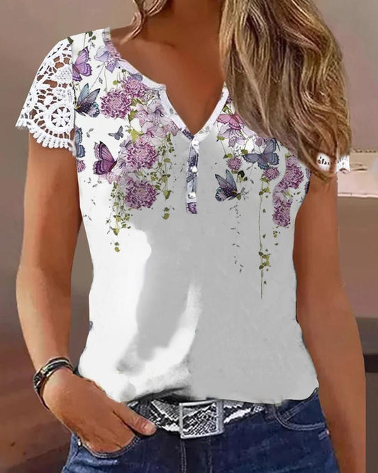 Floral Butterfly Print Notch Neck Lace Patch Top