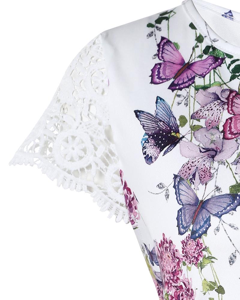 Floral Butterfly Print Notch Neck Lace Patch Top