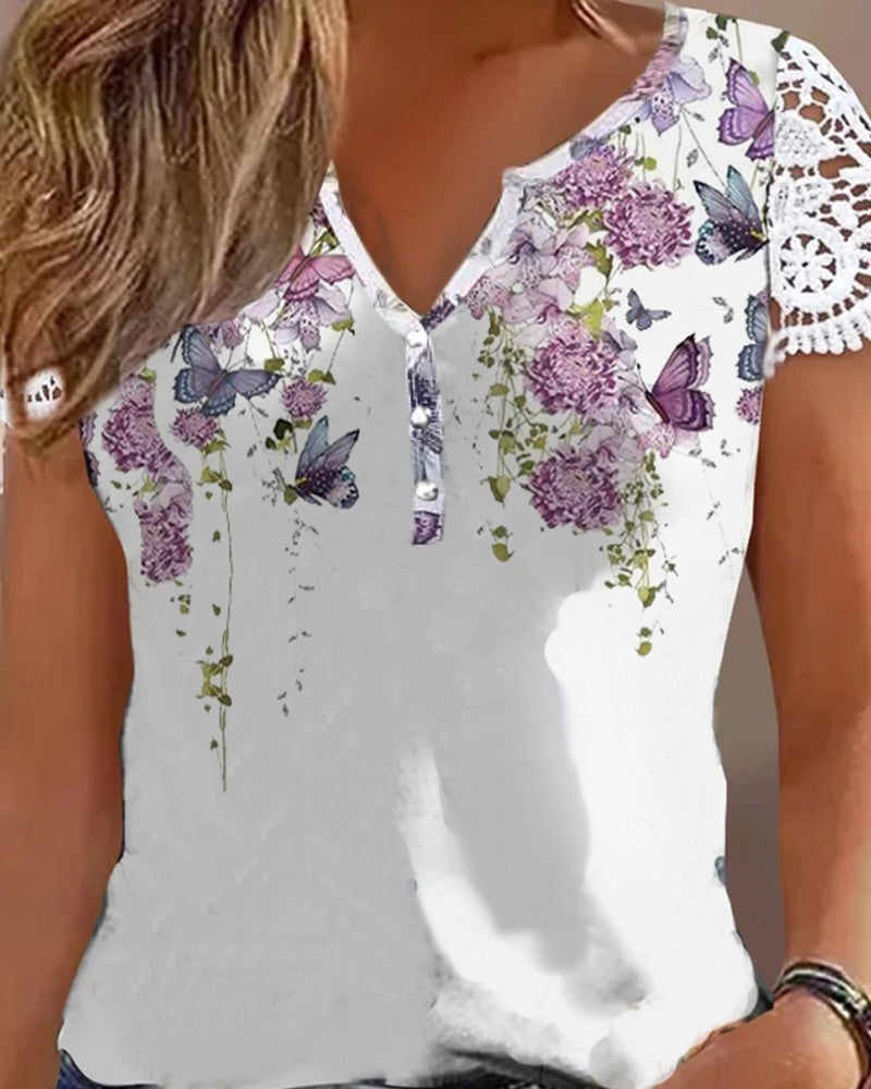 Floral Butterfly Print Notch Neck Lace Patch Top