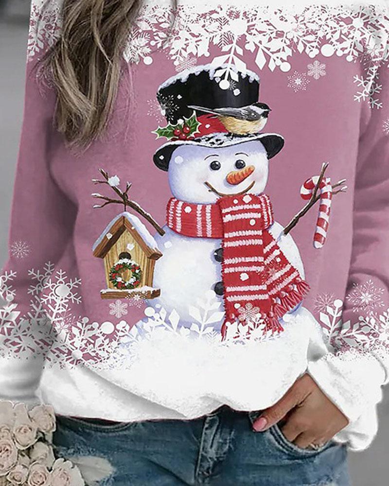 Christmas Snowflake Snowman Print Long Sleeve Top