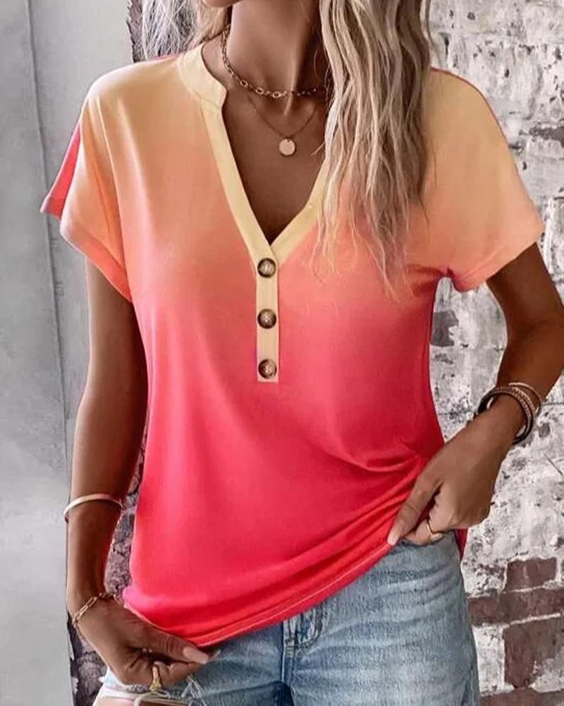 Ombre Notch Neck Buttoned Casual T shirt