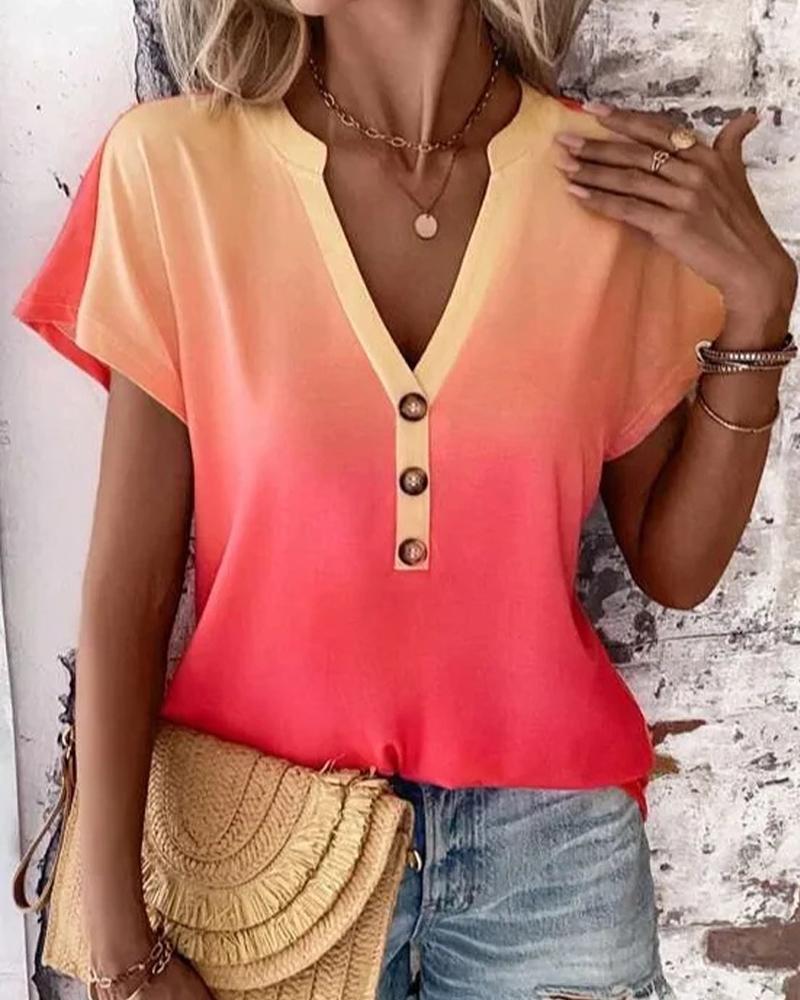 Ombre Notch Neck Buttoned Casual T shirt