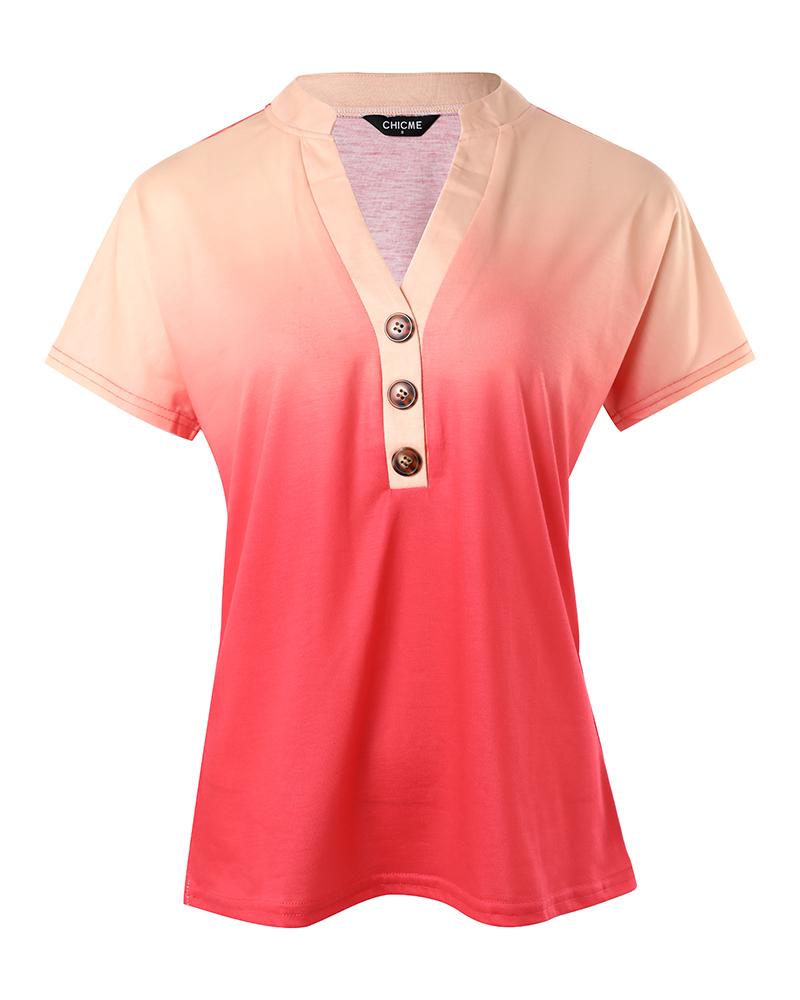 Ombre Notch Neck Buttoned Casual T shirt