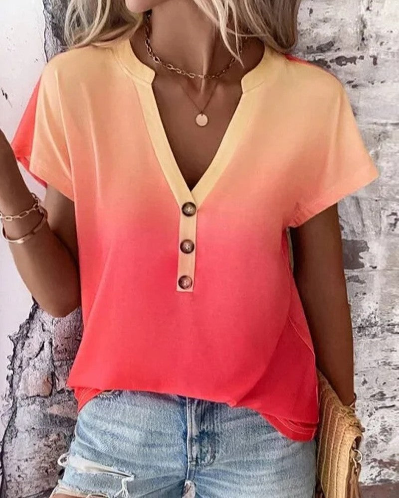 Ombre Notch Neck Buttoned Casual T shirt