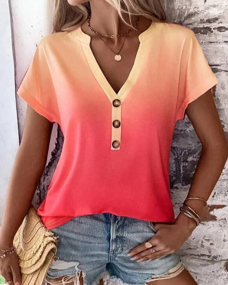 Ombre Notch Neck Buttoned Casual T shirt