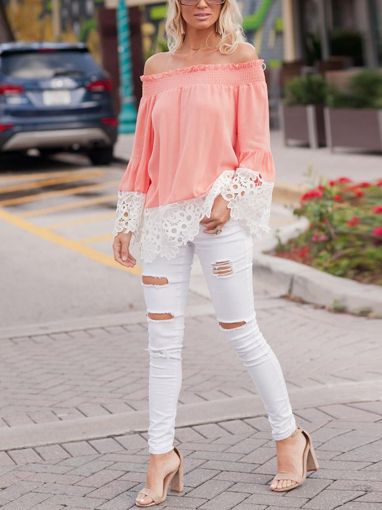 Off Shoulder Shirring Guipure Lace Blouse