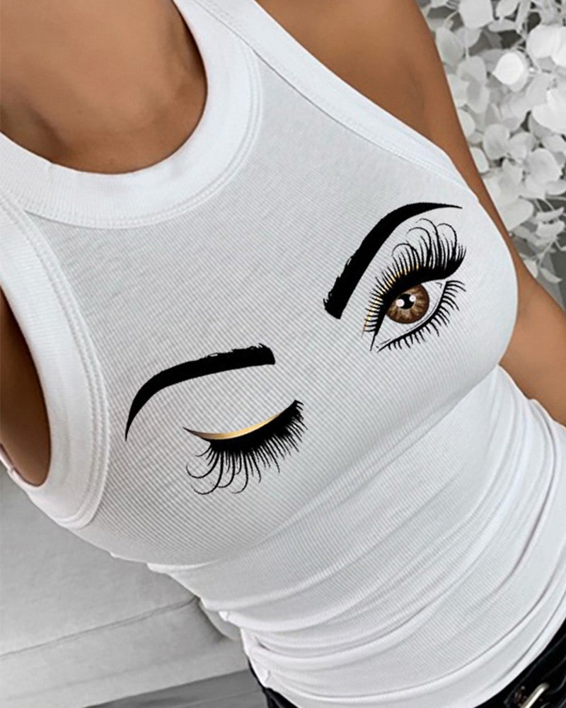 Eyelash Print Casual Tank Top