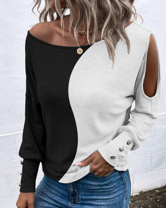 Colorblock Cold Shoulder Long Sleeve Top