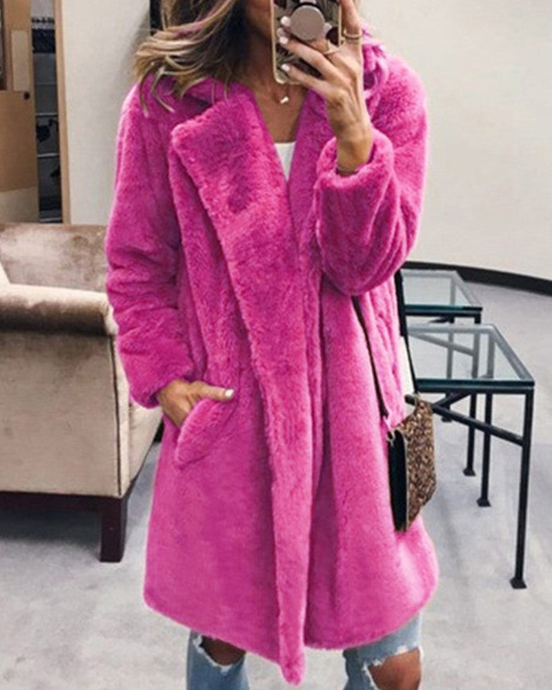 Faux Fur Pocket Design Long Sleeve Coat