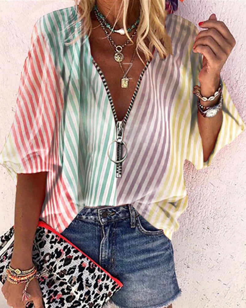 Multicolor Striped Splicing Zipper Half Sleeve Blouse