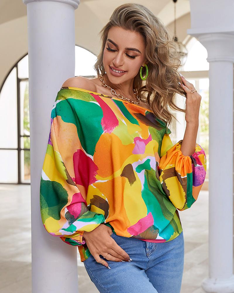 Off Shoulder Allover Print Lantern Sleeve Top