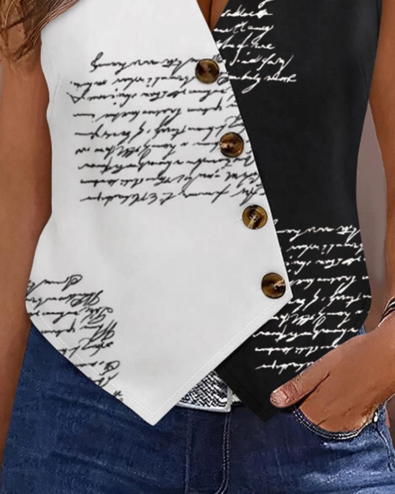 Colorblock Letter Print Buttoned V Neck Vest Top