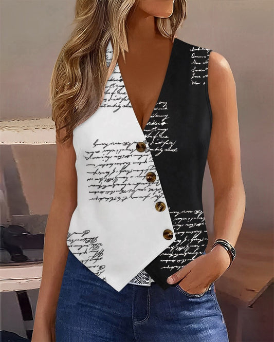 Colorblock Letter Print Buttoned V Neck Vest Top